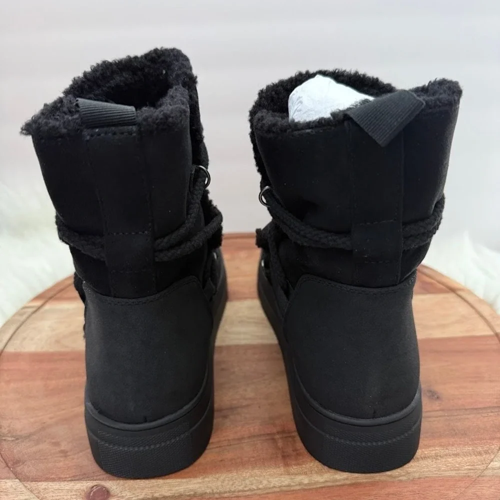 MIA Disa Black Women 7.5M Faux Suede Faux Fur Lined Platform Lace Up Boots NEW